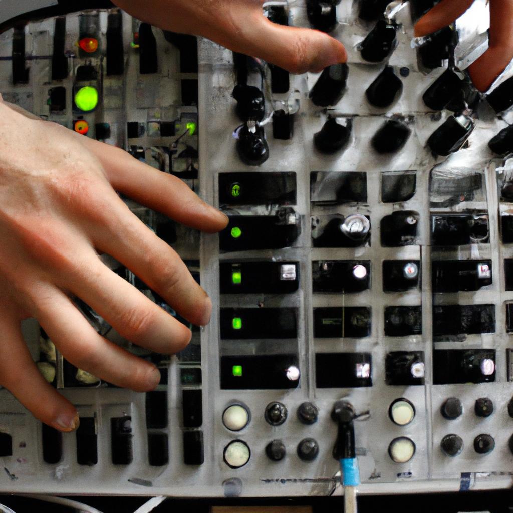 Person operating modular synthesizer