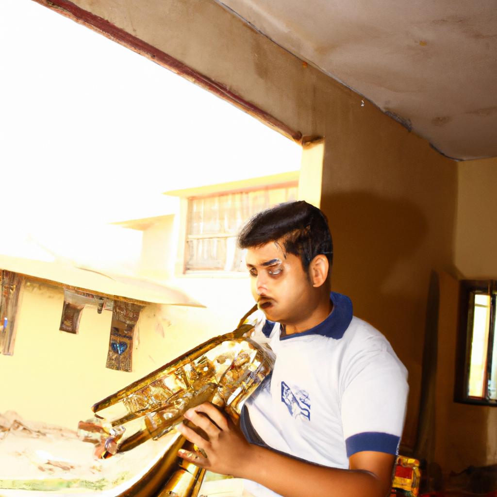 Person playing musical instruments, smiling